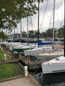 Auf drei Seiten der Inseln und in kleinen Kanälen liegen die Boote der Mitglieder.